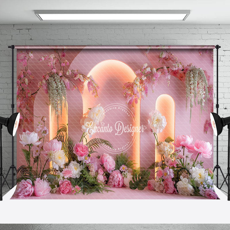 Aperturee - Aperturee Pink Lighted Arch Plant Floral Wedding Photo Backdrop