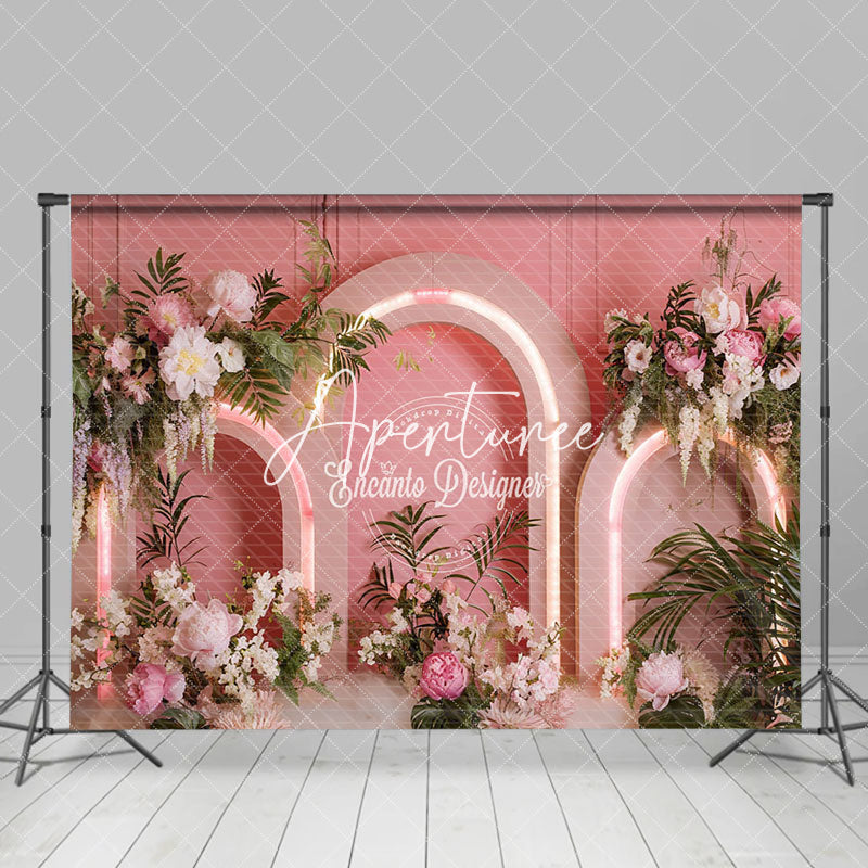 Aperturee - Aperturee Pink Lighted Arch Wall Plant Floral Wedding Backdrop