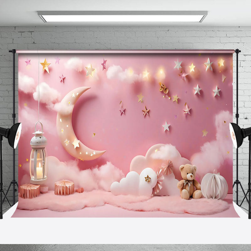 Aperturee - Aperturee Pink Lighted Star Wall Moon Night Cake Smash Backdrop