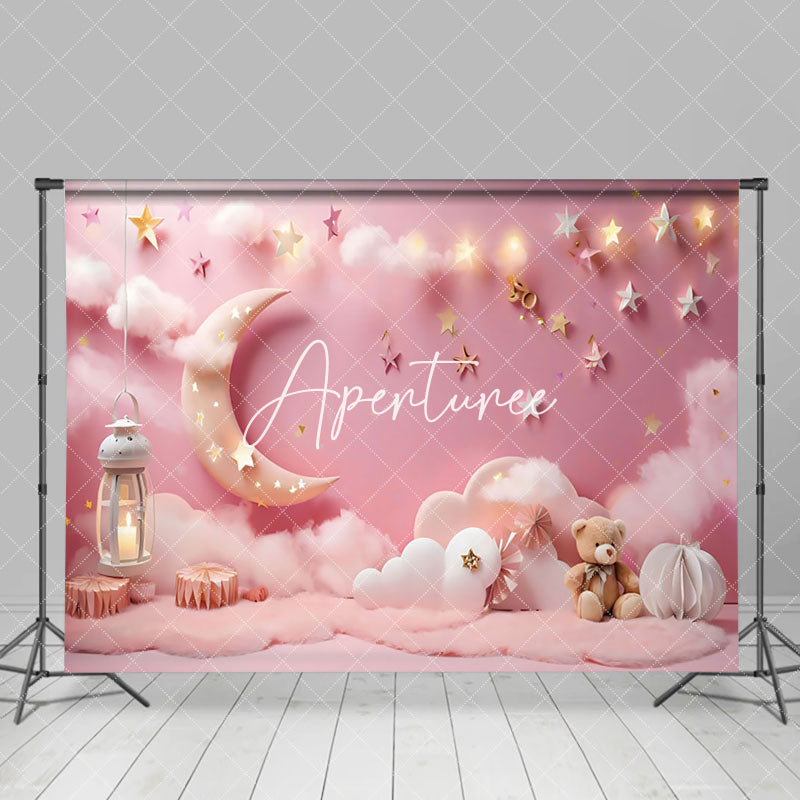 Aperturee - Aperturee Pink Lighted Star Wall Moon Night Cake Smash Backdrop