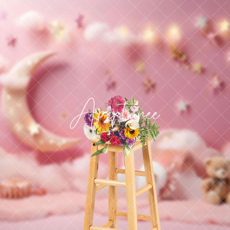 Aperturee - Aperturee Pink Lighted Star Wall Moon Night Cake Smash Backdrop