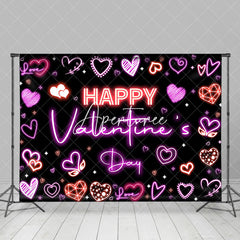 Aperturee - Aperturee Pink Neon Hearts Black Happy Valentines Day Backdrop