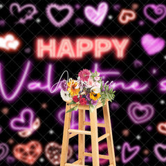 Aperturee - Aperturee Pink Neon Hearts Black Happy Valentines Day Backdrop