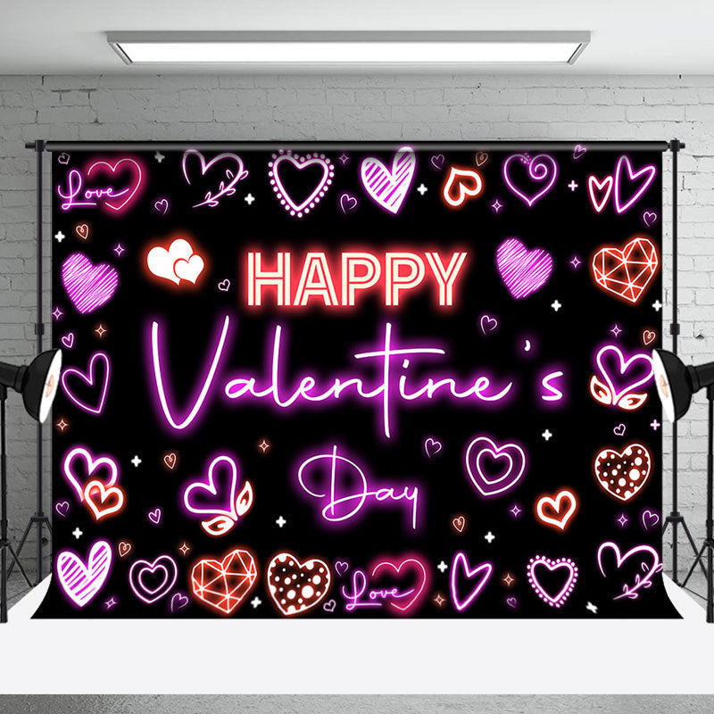 Aperturee - Aperturee Pink Neon Hearts Black Happy Valentines Day Backdrop