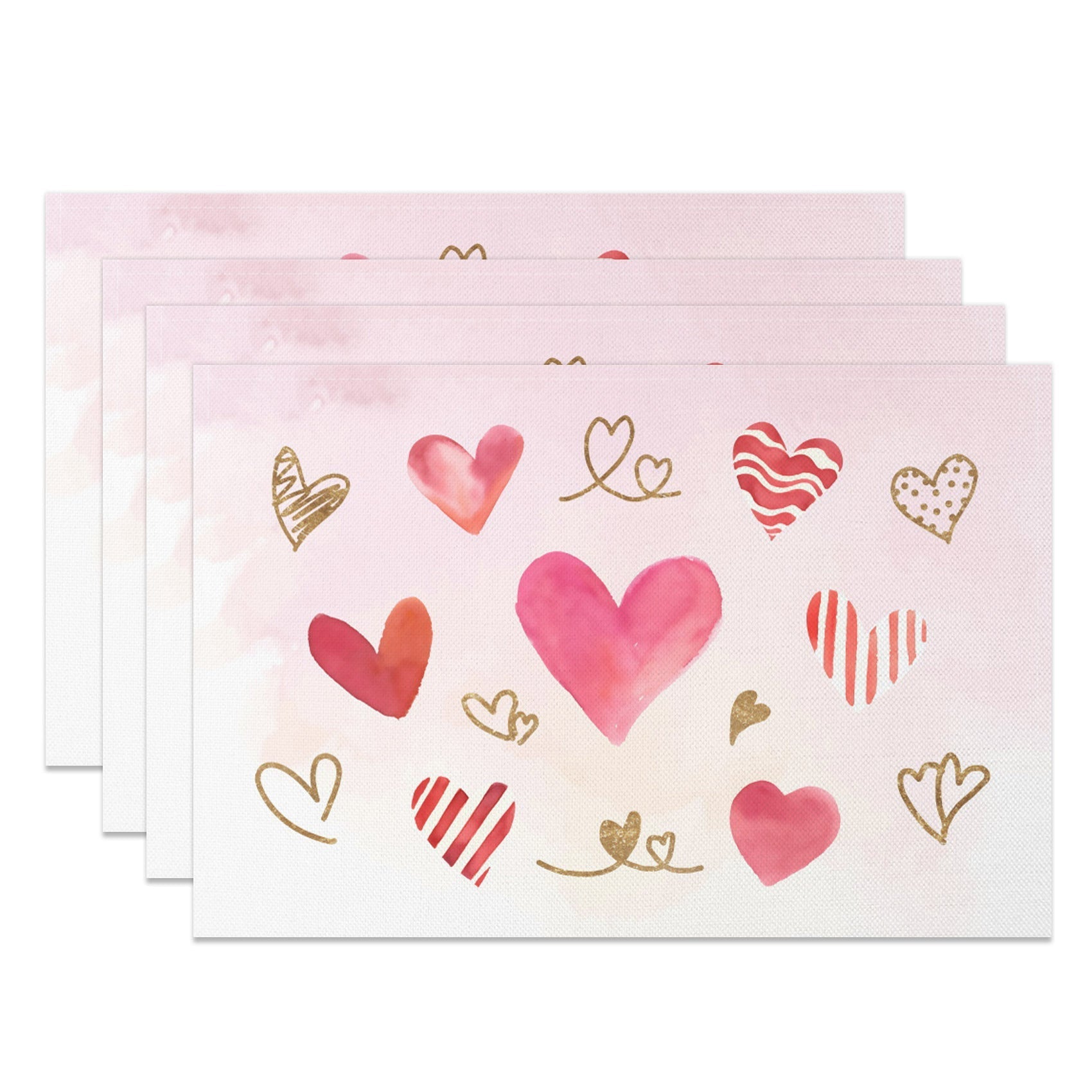 Aperturee - Aperturee Pink Painted Hearts Valentines Day Set Of 4 Placemats