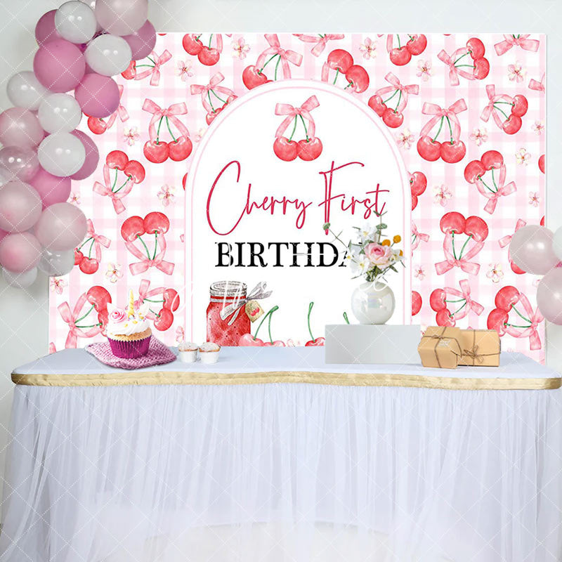 Aperturee - Aperturee Pink Plaid Red Cherry First Birthday Party Backdrop