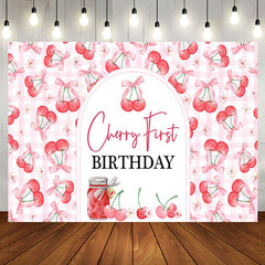 Aperturee - Aperturee Pink Plaid Red Cherry First Birthday Party Backdrop