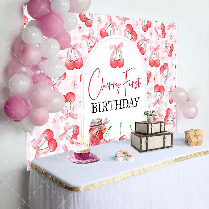 Aperturee - Aperturee Pink Plaid Red Cherry First Birthday Party Backdrop