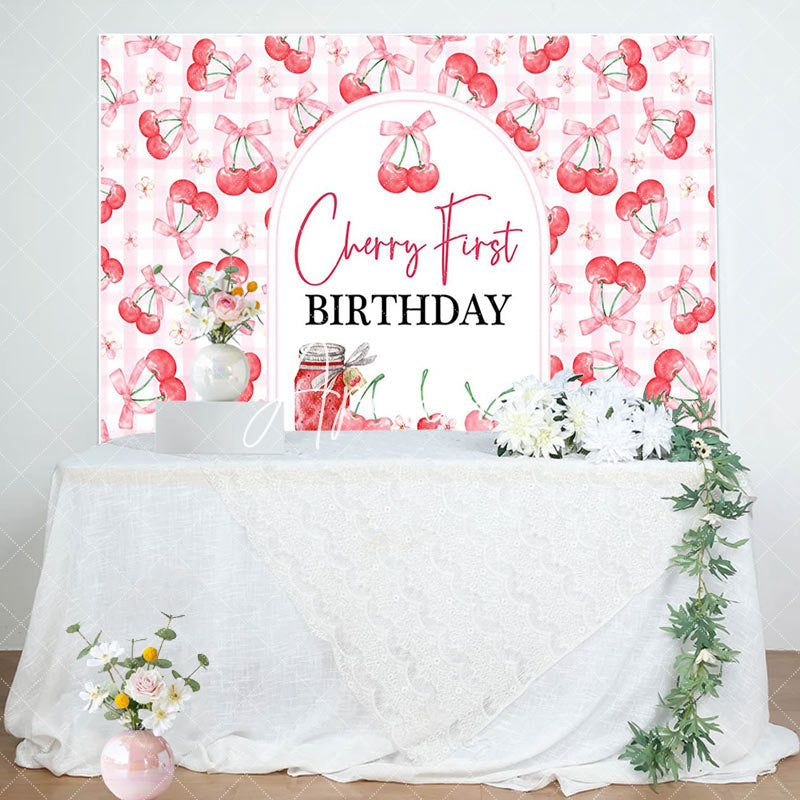 Aperturee - Aperturee Pink Plaid Red Cherry First Birthday Party Backdrop