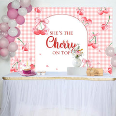 Aperturee - Aperturee Pink Plaid Red Cherry On Top Baby Shower Backdrop