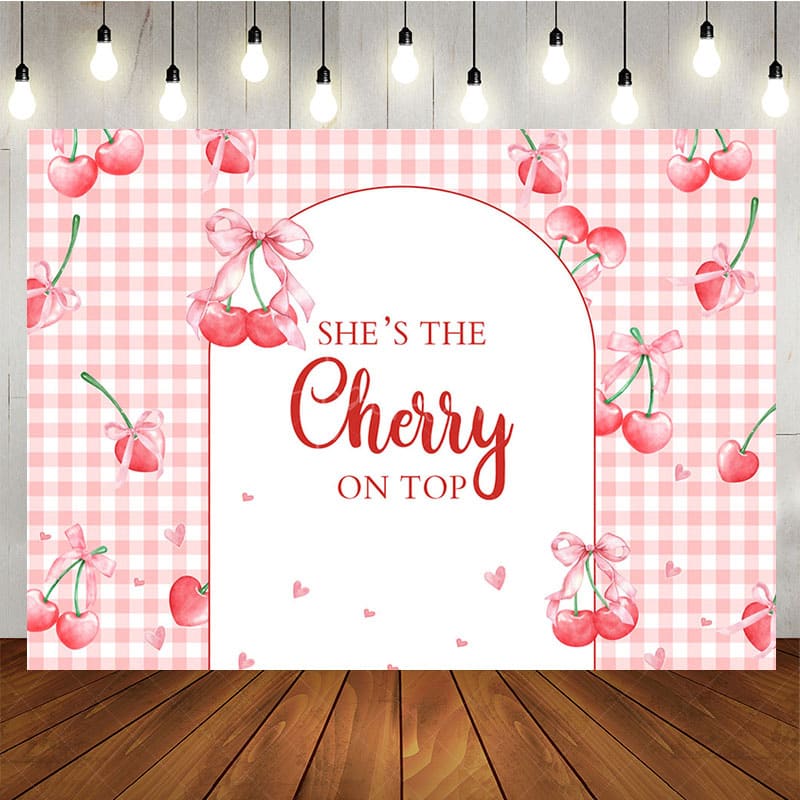 Aperturee - Aperturee Pink Plaid Red Cherry On Top Baby Shower Backdrop