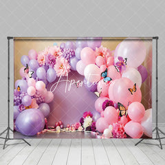 Aperturee - Aperturee Pink Purple Balloons Butterfly Cake Smash Backdrop