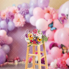 Aperturee - Aperturee Pink Purple Balloons Butterfly Cake Smash Backdrop