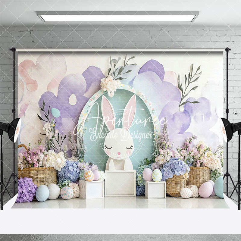 Aperturee - Aperturee Pink Purple Wall Bunny Floral Eggs Easter Backdrop