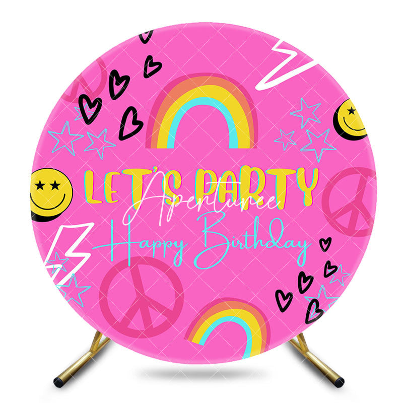 Aperturee - Aperturee Pink Rainbow Groovy Round Birthday Party Backdrop