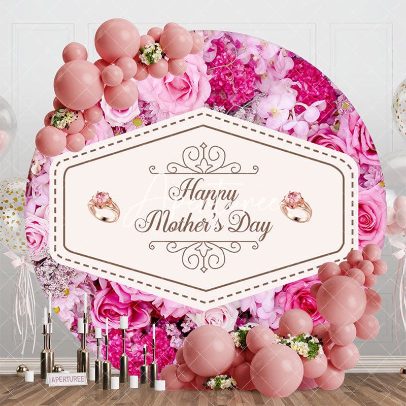 Aperturee - Aperturee Pink Red Floral Round Happy Mothers Day Backdrop