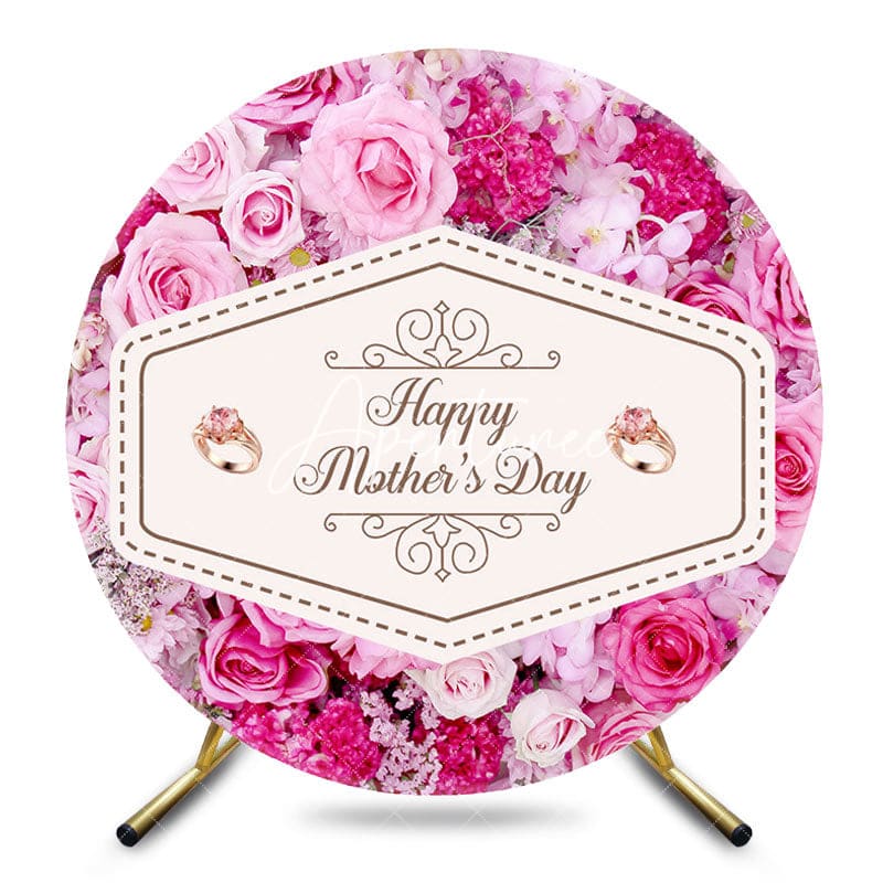 Aperturee - Aperturee Pink Red Floral Round Happy Mothers Day Backdrop