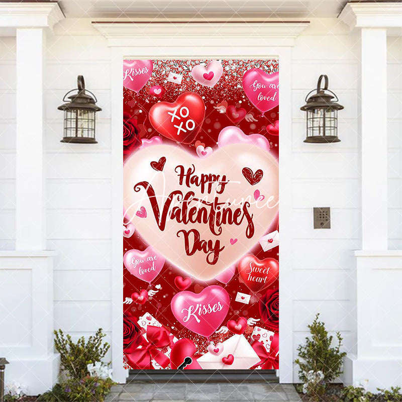 Aperturee - Aperturee Pink Red Hearts Balloon Valentines Day Door Cover