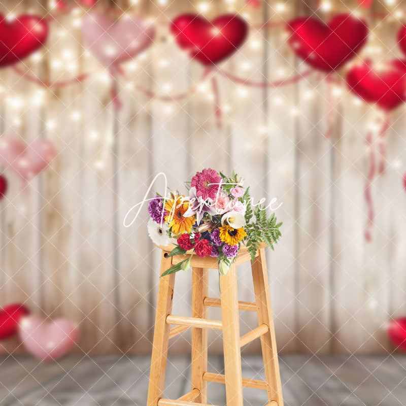 Aperturee - Aperturee Pink Red Hearts Brown Wooden Valentines Day Backdrop