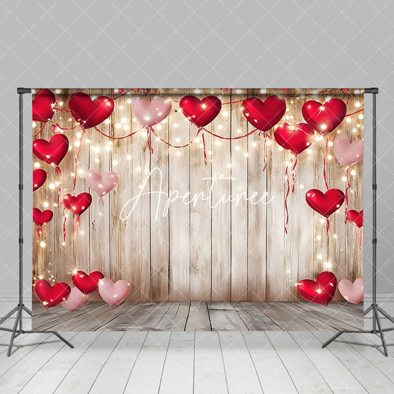 Aperturee - Aperturee Pink Red Hearts Brown Wooden Valentines Day Backdrop