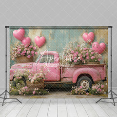 Aperturee - Aperturee Pink Retro Truck Balloons Floral Romantic Backdrop