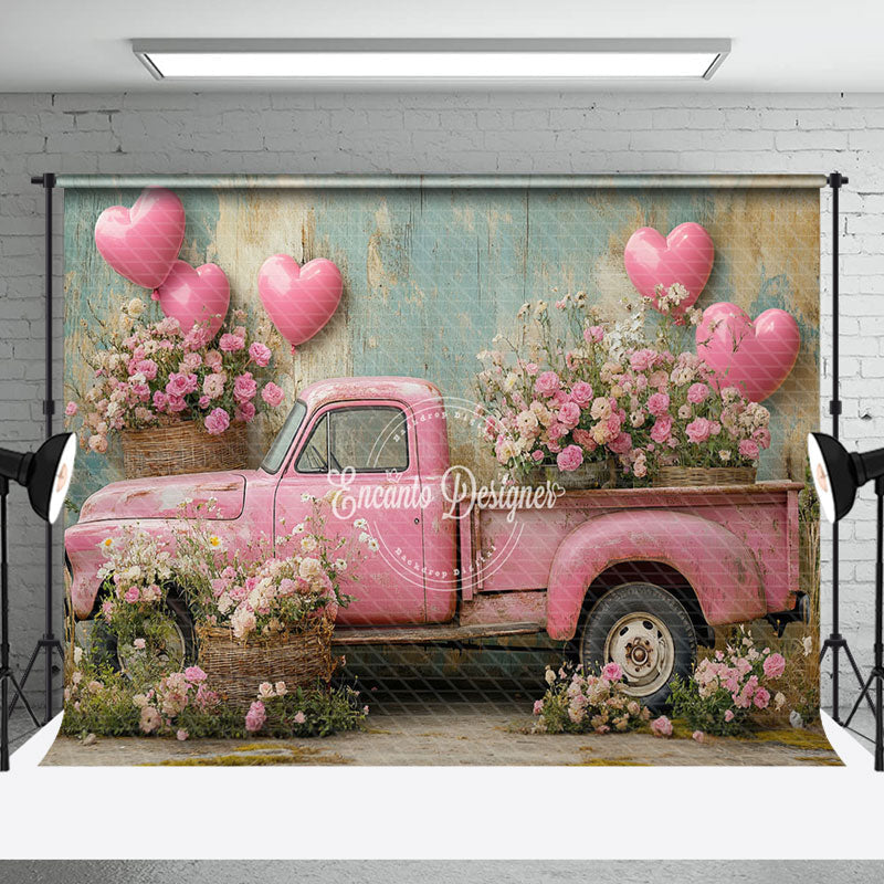 Aperturee - Aperturee Pink Retro Truck Balloons Floral Romantic Backdrop