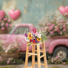 Aperturee - Aperturee Pink Retro Truck Balloons Floral Romantic Backdrop