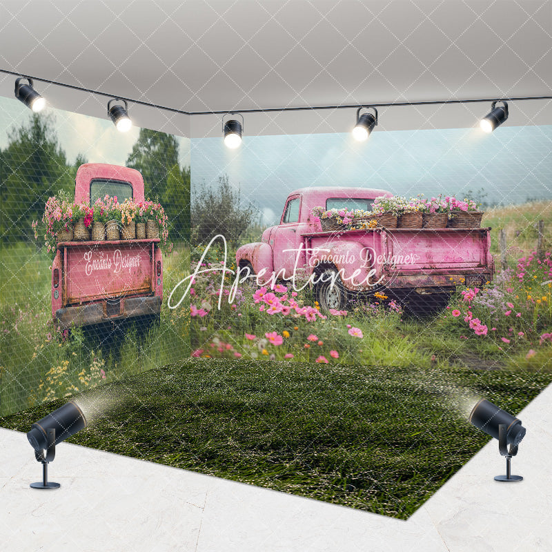 Aperturee - Aperturee Pink Retro Truck Green Field Spring Room Set Backdrop