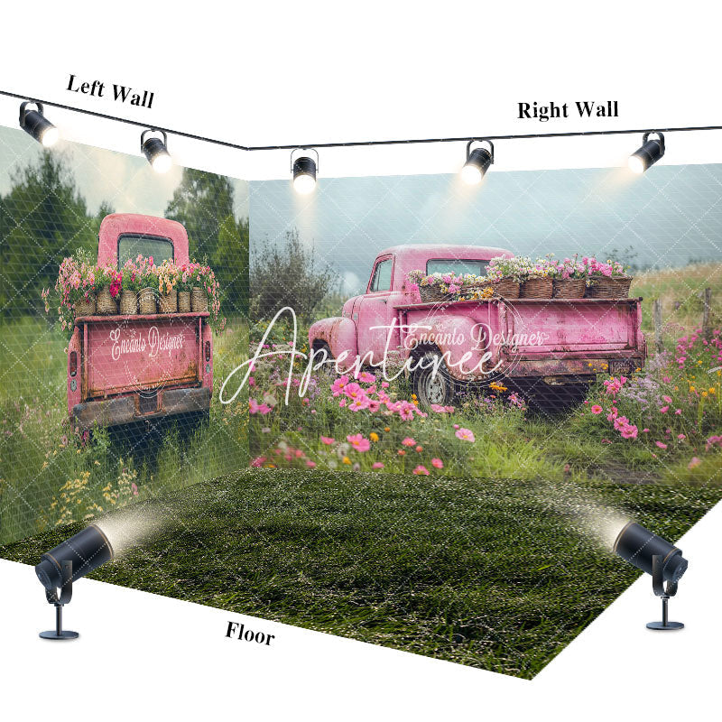 Aperturee - Aperturee Pink Retro Truck Green Field Spring Room Set Backdrop