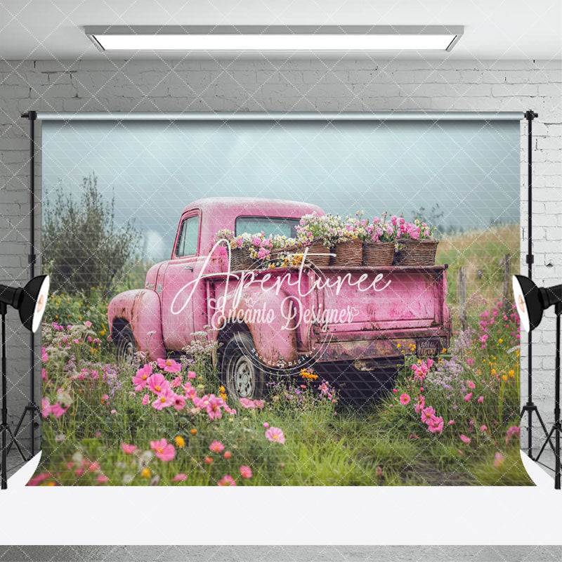 Aperturee - Aperturee Pink Retro Truck Green Field Spring Room Set Backdrop