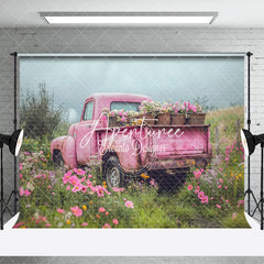 Aperturee - Aperturee Pink Retro Truck Green Field Spring Room Set Backdrop