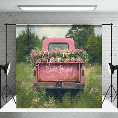 Aperturee - Aperturee Pink Retro Truck Green Field Spring Room Set Backdrop