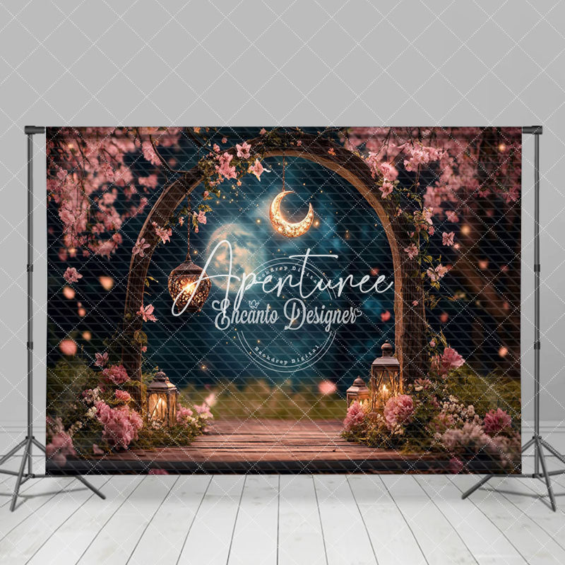 Aperturee - Aperturee Pink Romantic Floral Arch Moon Night Wedding Backdrop