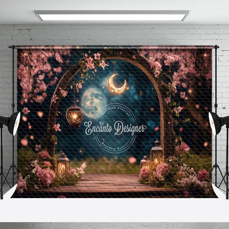 Aperturee - Aperturee Pink Romantic Floral Arch Moon Night Wedding Backdrop