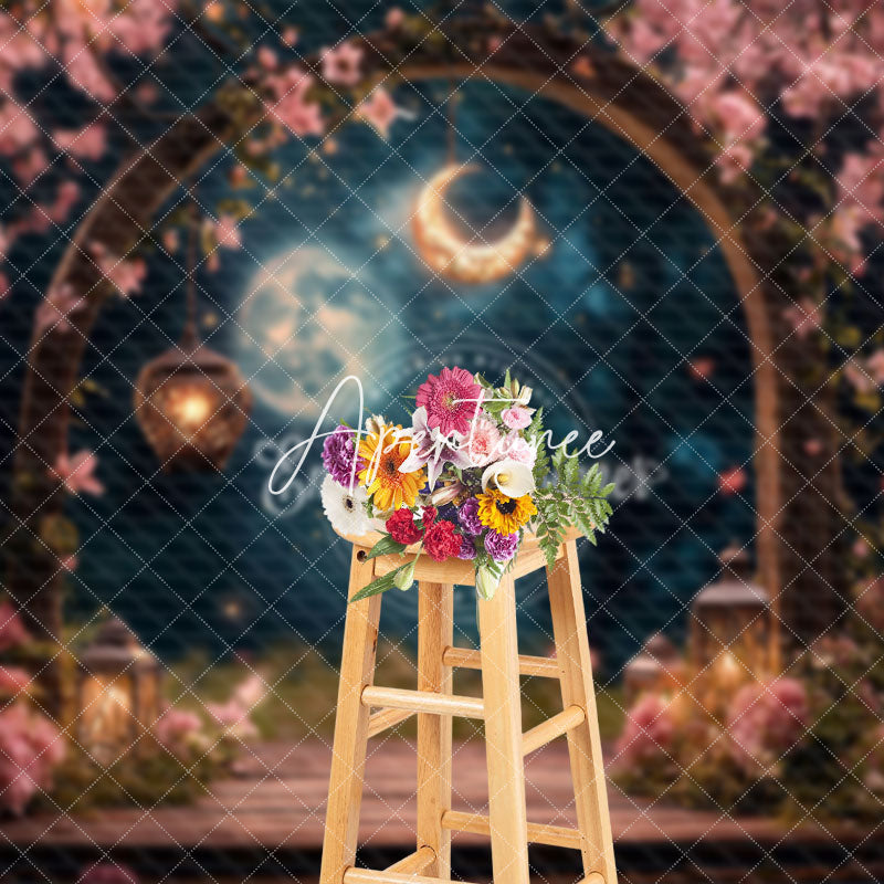 Aperturee - Aperturee Pink Romantic Floral Arch Moon Night Wedding Backdrop