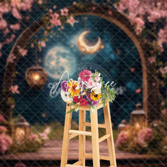 Aperturee - Aperturee Pink Romantic Floral Arch Moon Night Wedding Backdrop