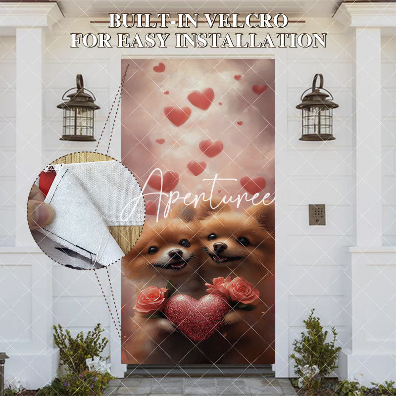 Aperturee - Aperturee Pink Romantic Hearts Dogs Valentines Day Door Cover