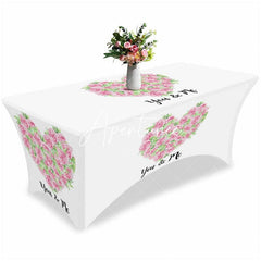 Aperturee - Aperturee Pink Rose Flower Green Leaves Stretch Table Cover