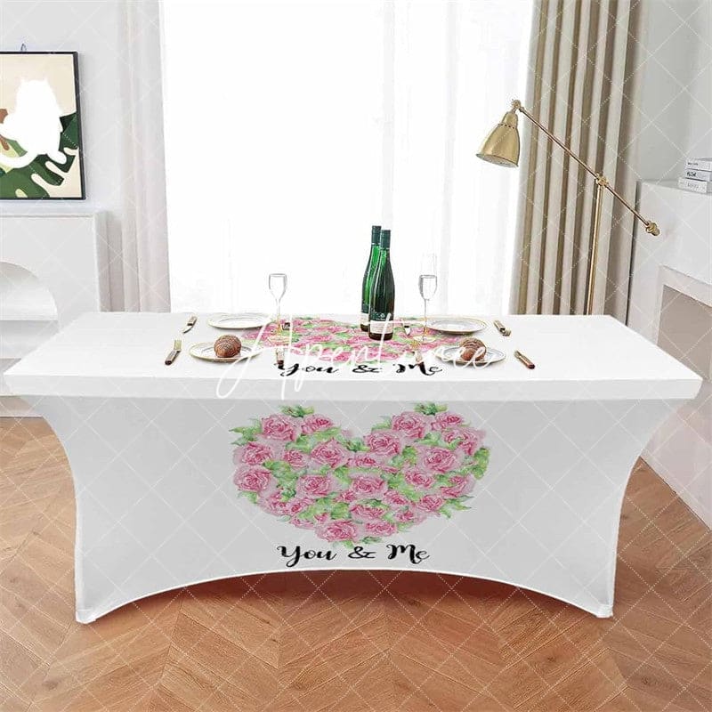 Aperturee - Aperturee Pink Rose Flower Green Leaves Stretch Table Cover