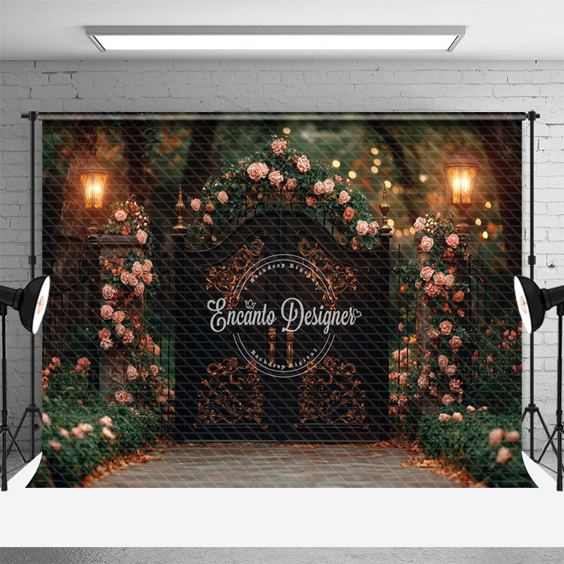 Aperturee - Aperturee Pink Rose Greenery Luxury Gate Wedding Photo Backdrop