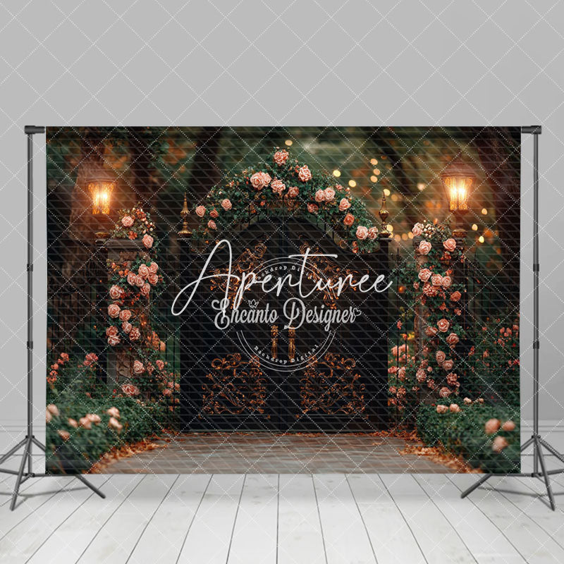 Aperturee - Aperturee Pink Rose Greenery Luxury Gate Wedding Photo Backdrop