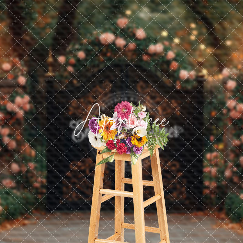 Aperturee - Aperturee Pink Rose Greenery Luxury Gate Wedding Photo Backdrop