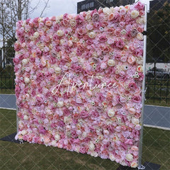 Aperturee - Aperturee Pink Rose Wedding Decoration Faux Flower Wall Panels