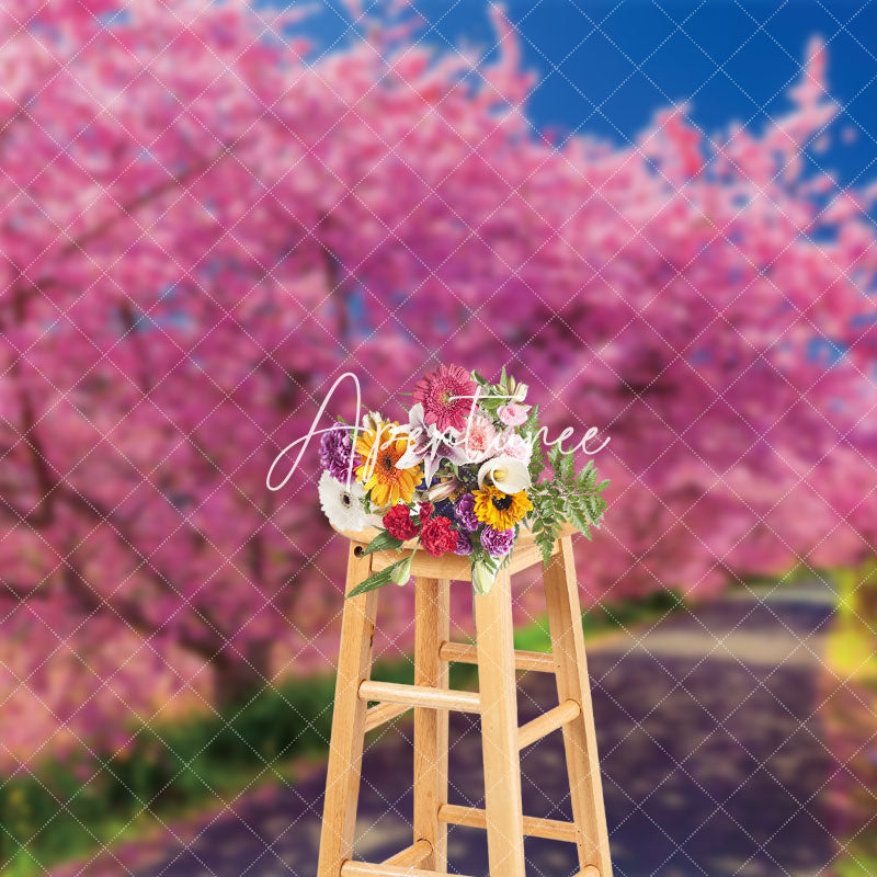 Aperturee - Aperturee Pink Sakura Tree Lined Path Spring Park Backdrop