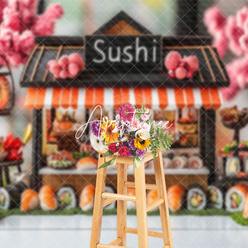 Aperturee - Aperturee Pink Sakura Tree Sushi Store Cake Smash Backdrop