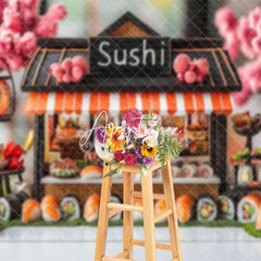 Aperturee - Aperturee Pink Sakura Tree Sushi Store Cake Smash Backdrop