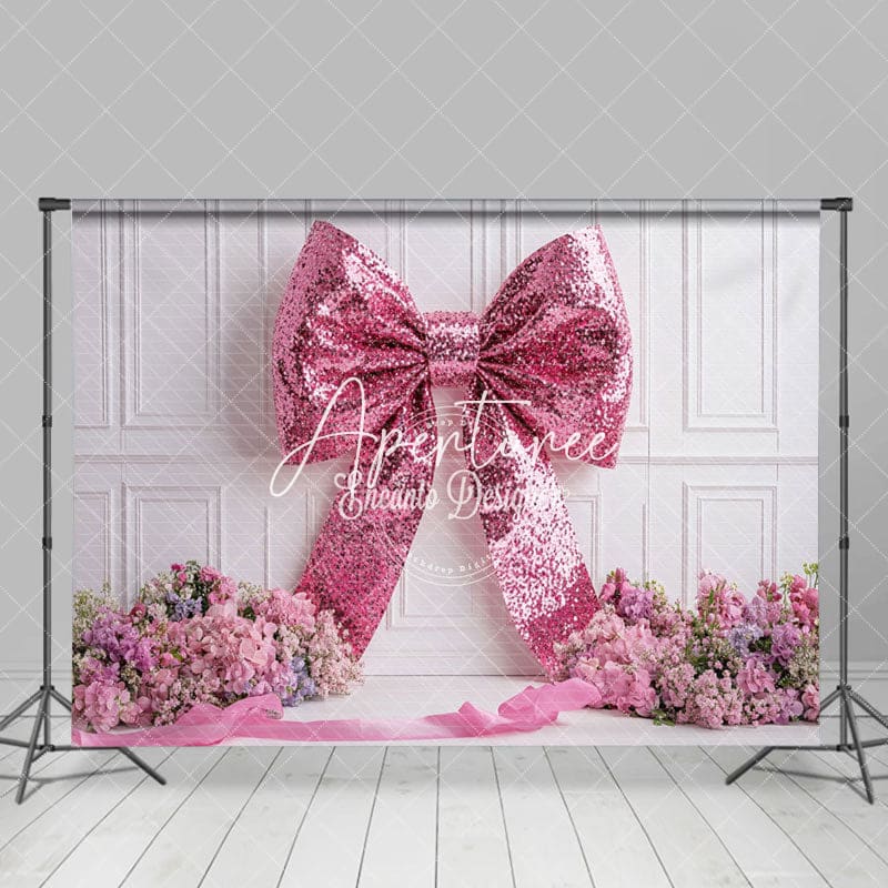 Aperturee - Aperturee Pink Sequin Bow White Wall Floral Wedding Backdrop