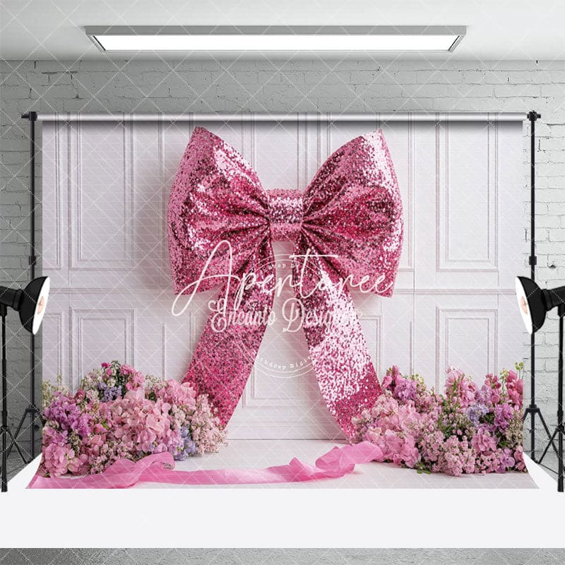 Aperturee - Aperturee Pink Sequin Bow White Wall Floral Wedding Backdrop