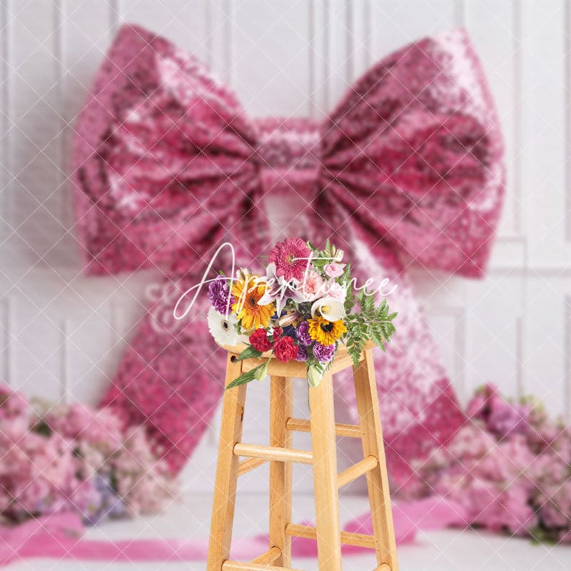 Aperturee - Aperturee Pink Sequin Bow White Wall Floral Wedding Backdrop