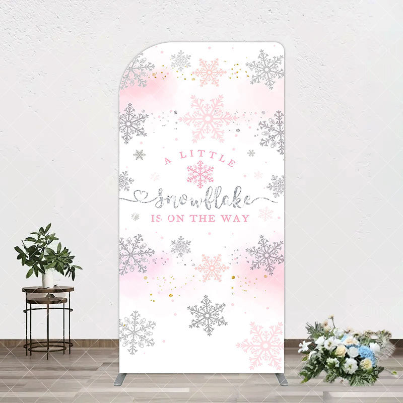 Aperturee - Aperturee Pink Silver Snowflake Baby Shower Arch Backdrop